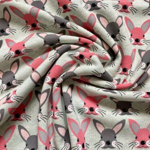 Tissu jersey sweat lapin rose et gris